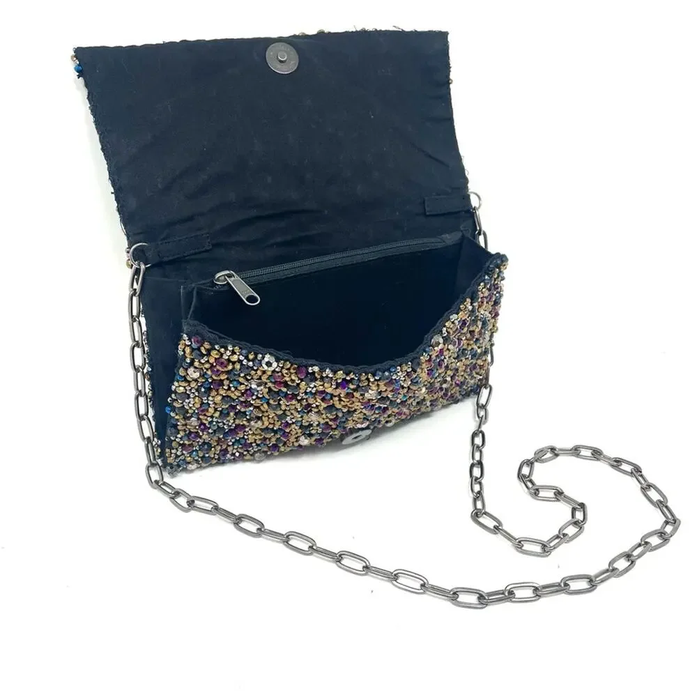 Free People Multicolor Black Beaded Evening Clutch Purse w/ Gunmetal Chain Strap